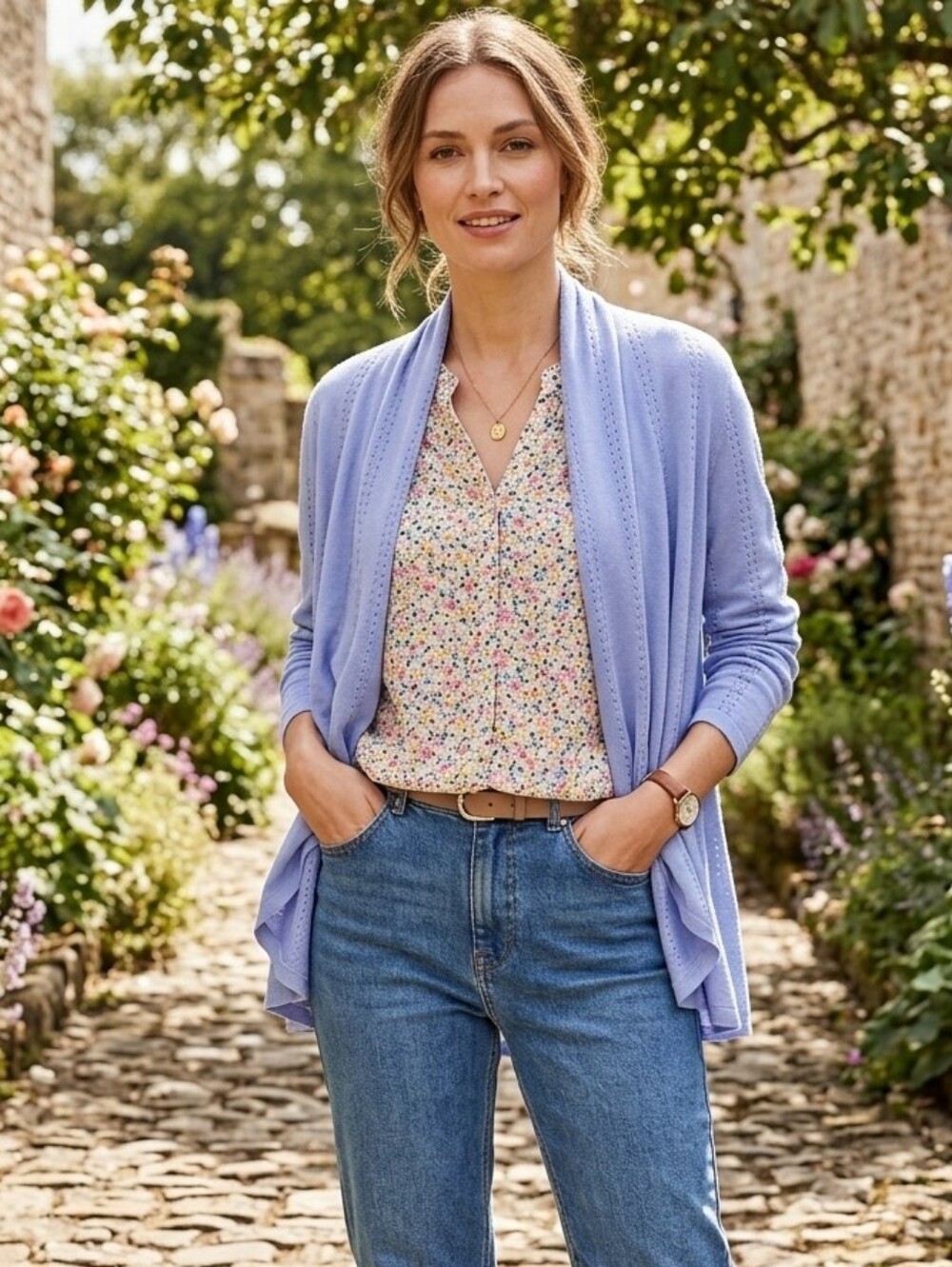 Fresh Produce Cornflower Blue Textured Open Front Cardigan Size Medium/Large USA